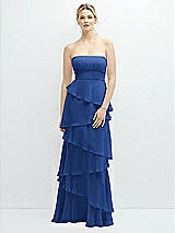 Front View Thumbnail - Classic Blue Strapless Asymmetrical Tiered Ruffle Chiffon Maxi Dress