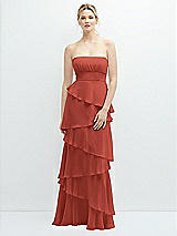 Front View Thumbnail - Amber Sunset Strapless Asymmetrical Tiered Ruffle Chiffon Maxi Dress