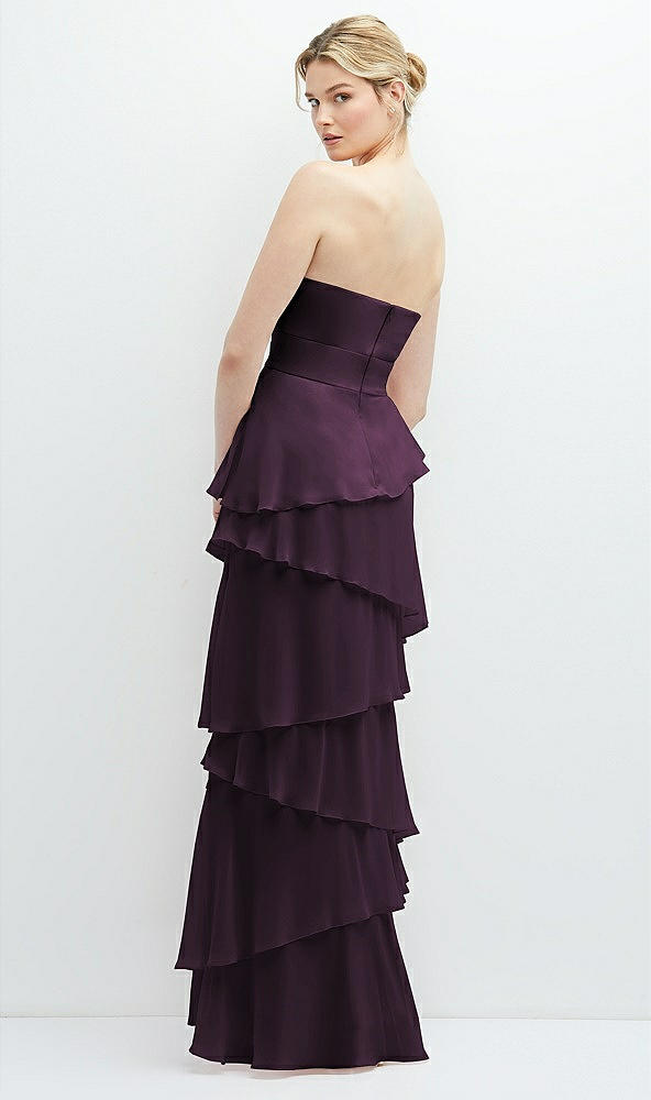 Back View - Aubergine Strapless Asymmetrical Tiered Ruffle Chiffon Maxi Dress