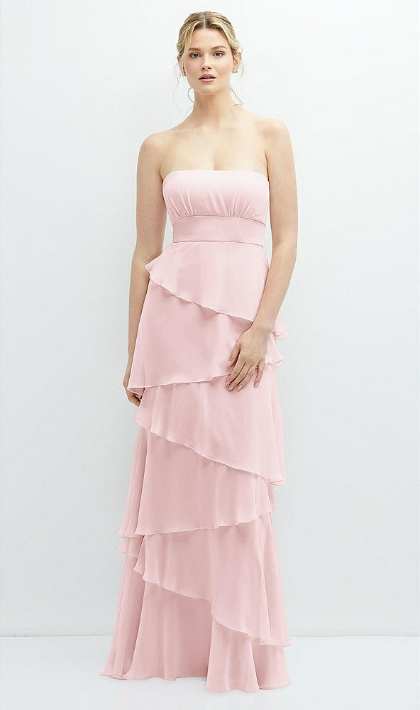 Front View - Ballet Pink Strapless Asymmetrical Tiered Ruffle Chiffon Maxi Dress