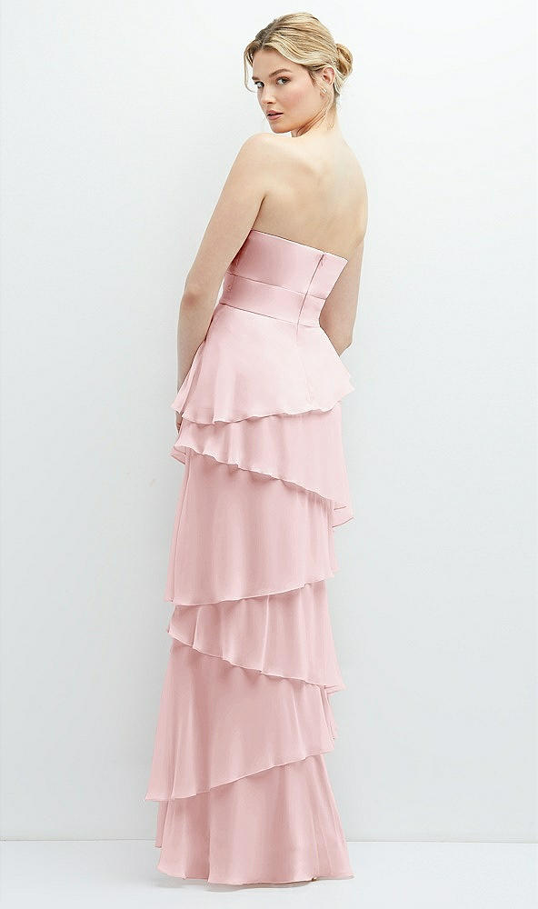 Back View - Ballet Pink Strapless Asymmetrical Tiered Ruffle Chiffon Maxi Dress