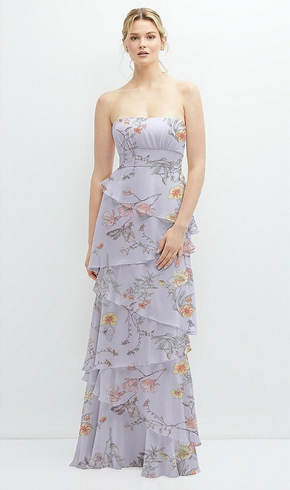Front View - Butterfly Botanica Silver Dove Strapless Asymmetrical Tiered Ruffle Chiffon Maxi Dress
