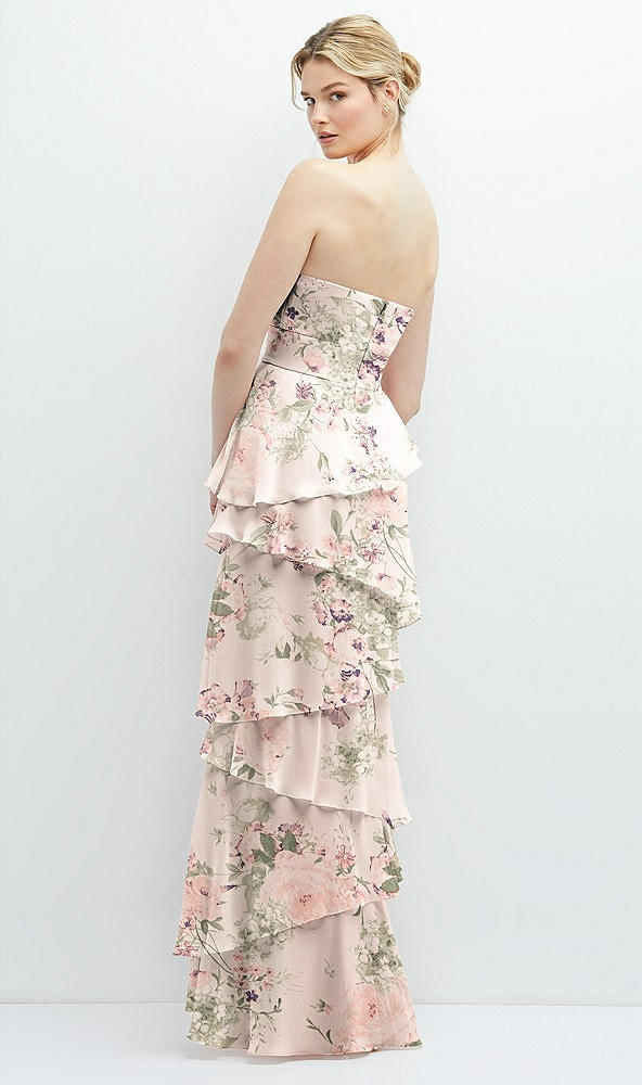 Back View - Blush Garden Strapless Asymmetrical Tiered Ruffle Chiffon Maxi Dress