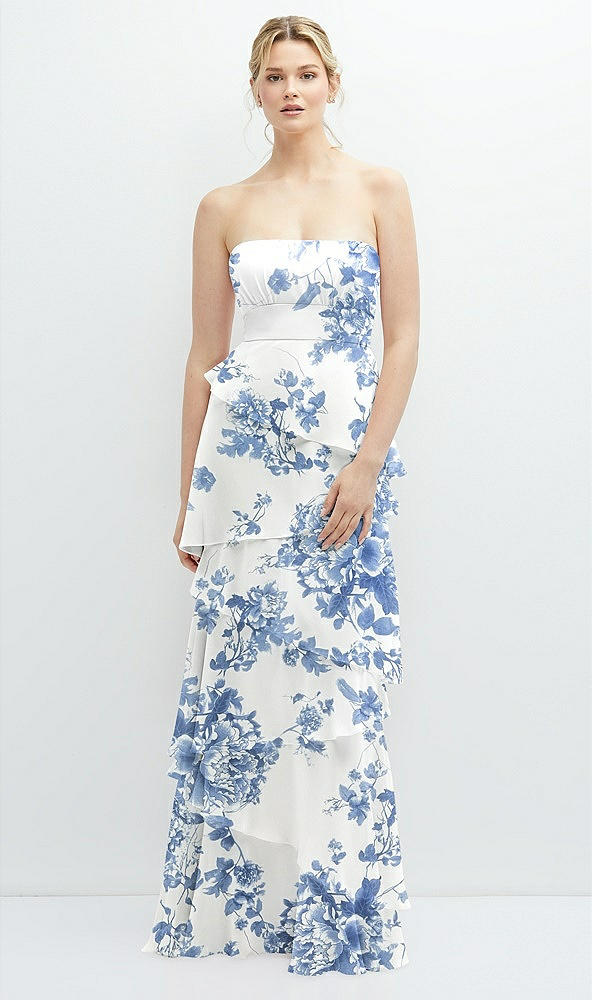 Front View - Cottage Rose Dusk Blue Strapless Asymmetrical Tiered Ruffle Chiffon Maxi Dress
