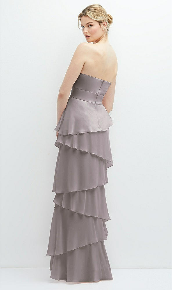 Back View - Cashmere Gray Strapless Asymmetrical Tiered Ruffle Chiffon Maxi Dress