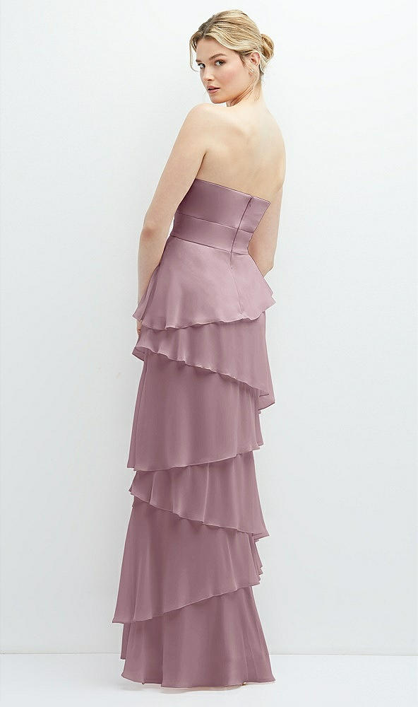 Back View - Dusty Rose Strapless Asymmetrical Tiered Ruffle Chiffon Maxi Dress
