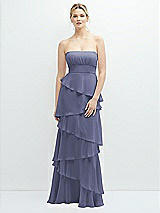 Front View Thumbnail - French Blue Strapless Asymmetrical Tiered Ruffle Chiffon Maxi Dress