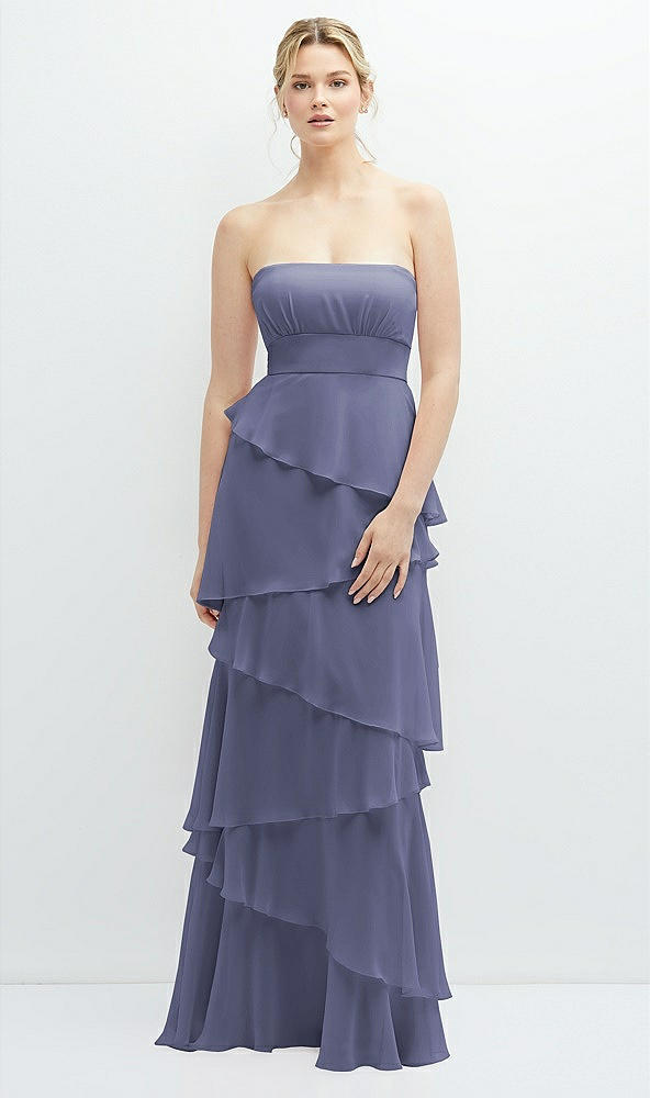 Front View - French Blue Strapless Asymmetrical Tiered Ruffle Chiffon Maxi Dress