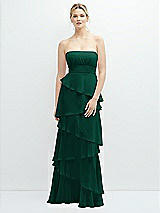 Front View Thumbnail - Hunter Green Strapless Asymmetrical Tiered Ruffle Chiffon Maxi Dress