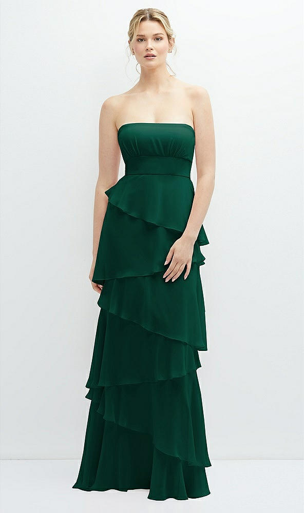 Front View - Hunter Green Strapless Asymmetrical Tiered Ruffle Chiffon Maxi Dress