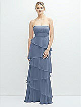 Front View Thumbnail - Larkspur Blue Strapless Asymmetrical Tiered Ruffle Chiffon Maxi Dress