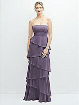 Front View Thumbnail - Lavender Strapless Asymmetrical Tiered Ruffle Chiffon Maxi Dress