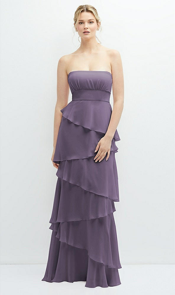 Front View - Lavender Strapless Asymmetrical Tiered Ruffle Chiffon Maxi Dress