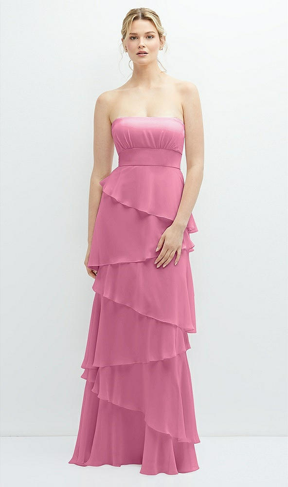 Front View - Orchid Pink Strapless Asymmetrical Tiered Ruffle Chiffon Maxi Dress