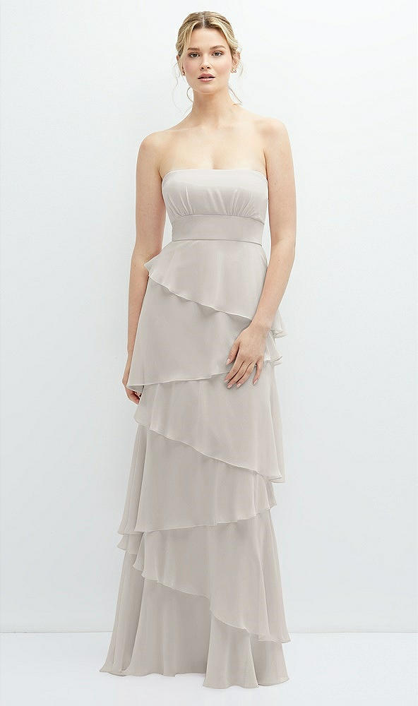 Front View - Oyster Strapless Asymmetrical Tiered Ruffle Chiffon Maxi Dress