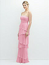 Side View Thumbnail - Peony Pink Strapless Asymmetrical Tiered Ruffle Chiffon Maxi Dress
