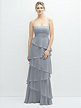 Front View Thumbnail - Platinum Strapless Asymmetrical Tiered Ruffle Chiffon Maxi Dress