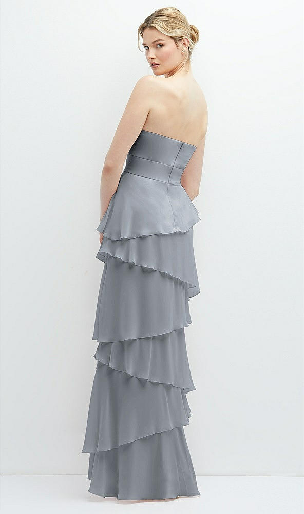 Back View - Platinum Strapless Asymmetrical Tiered Ruffle Chiffon Maxi Dress
