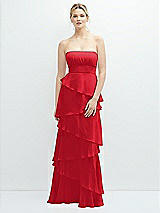 Front View Thumbnail - Parisian Red Strapless Asymmetrical Tiered Ruffle Chiffon Maxi Dress