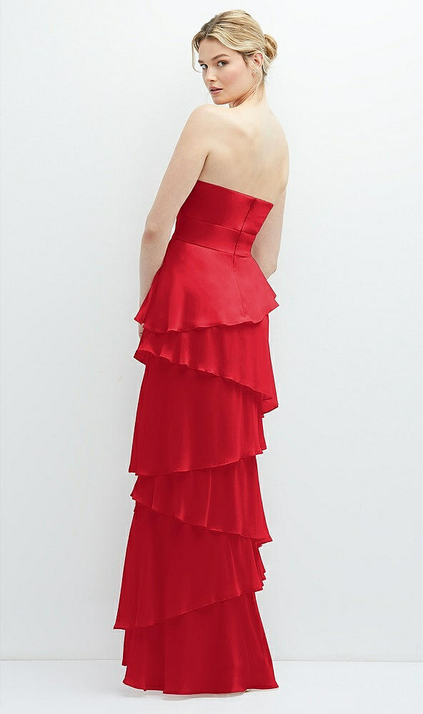 Back View - Parisian Red Strapless Asymmetrical Tiered Ruffle Chiffon Maxi Dress