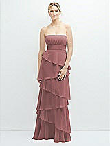 Front View Thumbnail - Rosewood Strapless Asymmetrical Tiered Ruffle Chiffon Maxi Dress