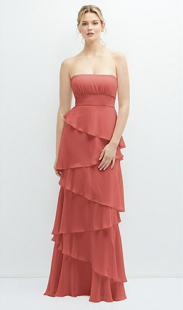 Front View - Coral Pink Strapless Asymmetrical Tiered Ruffle Chiffon Maxi Dress