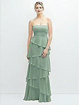 Front View Thumbnail - Seagrass Strapless Asymmetrical Tiered Ruffle Chiffon Maxi Dress