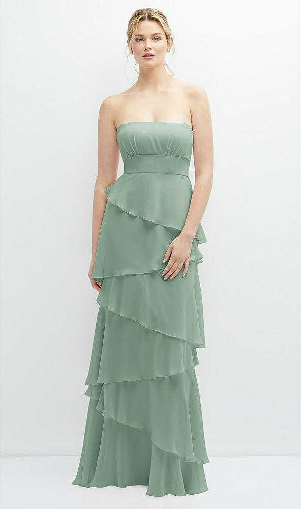 Front View - Seagrass Strapless Asymmetrical Tiered Ruffle Chiffon Maxi Dress