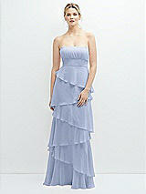 Front View Thumbnail - Sky Blue Strapless Asymmetrical Tiered Ruffle Chiffon Maxi Dress