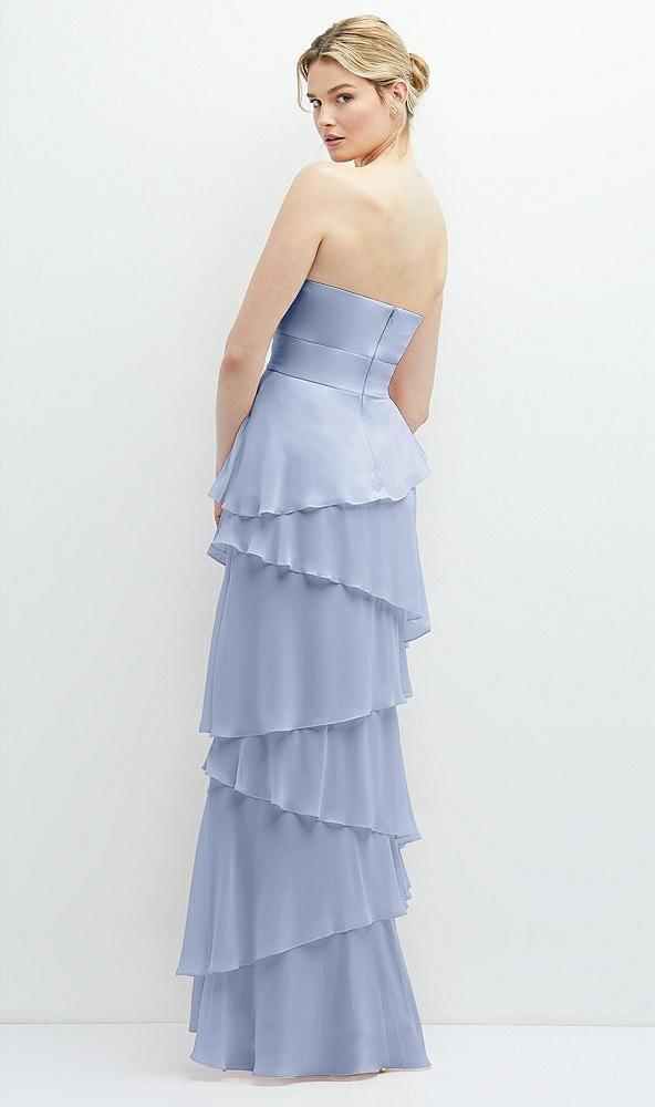 Back View - Sky Blue Strapless Asymmetrical Tiered Ruffle Chiffon Maxi Dress