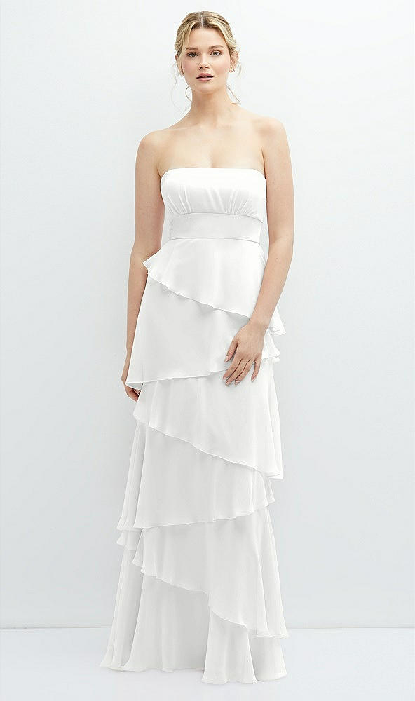 Front View - White Strapless Asymmetrical Tiered Ruffle Chiffon Maxi Dress
