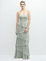 Front View Thumbnail - Willow Green Strapless Asymmetrical Tiered Ruffle Chiffon Maxi Dress