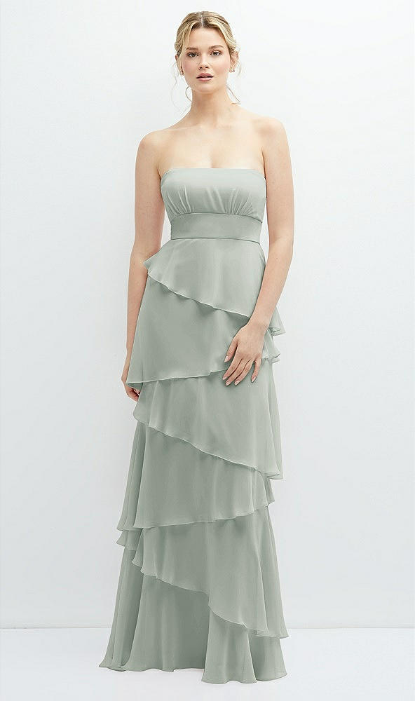 Front View - Willow Green Strapless Asymmetrical Tiered Ruffle Chiffon Maxi Dress