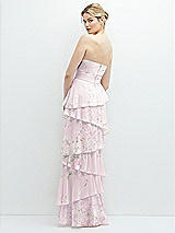 Rear View Thumbnail - Watercolor Print Strapless Asymmetrical Tiered Ruffle Chiffon Maxi Dress