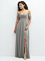 Front View Thumbnail - Chelsea Gray Chiffon Corset Maxi Dress with Removable Off-the-Shoulder Swags
