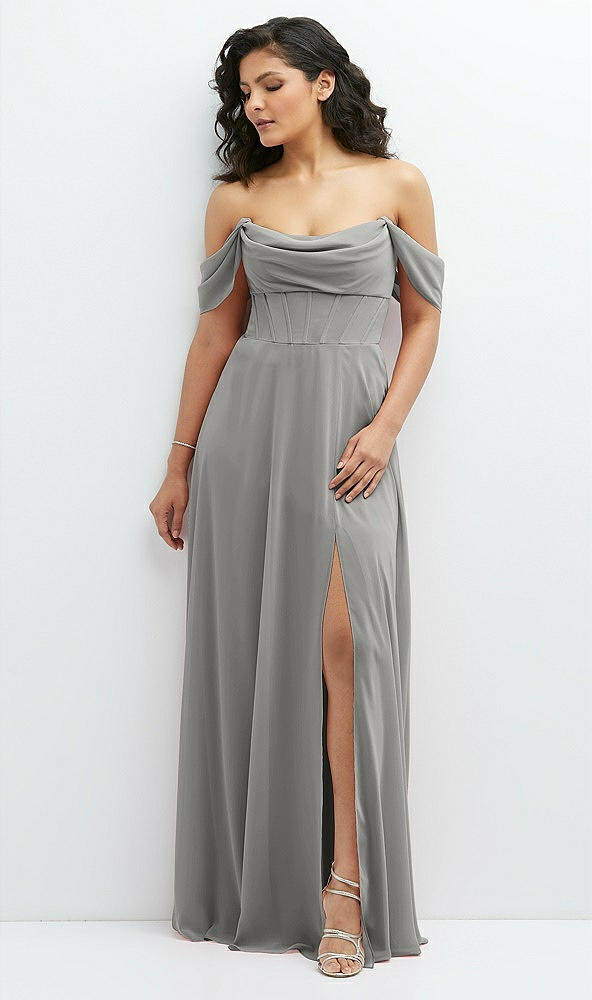 Front View - Chelsea Gray Chiffon Corset Maxi Dress with Removable Off-the-Shoulder Swags
