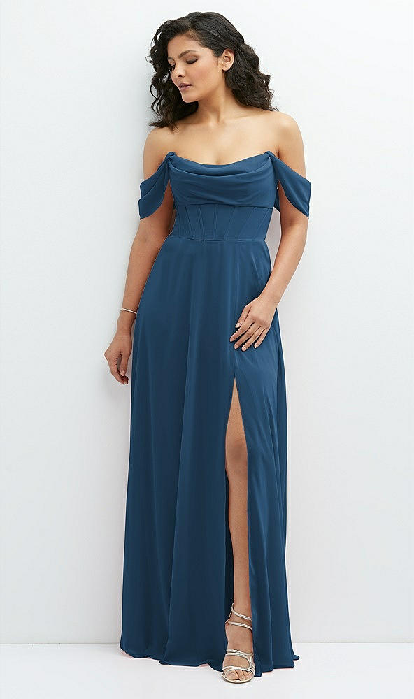 Front View - Dusk Blue Chiffon Corset Maxi Dress with Removable Off-the-Shoulder Swags
