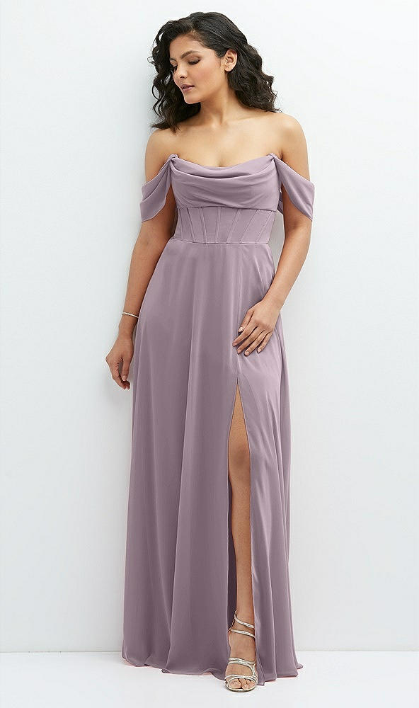 Front View - Lilac Dusk Chiffon Corset Maxi Dress with Removable Off-the-Shoulder Swags