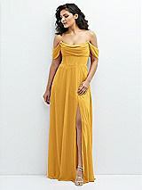 Front View Thumbnail - NYC Yellow Chiffon Corset Maxi Dress with Removable Off-the-Shoulder Swags