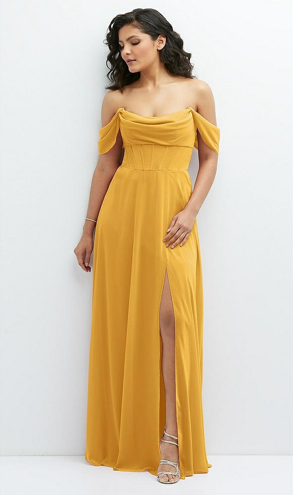 Front View - NYC Yellow Chiffon Corset Maxi Dress with Removable Off-the-Shoulder Swags