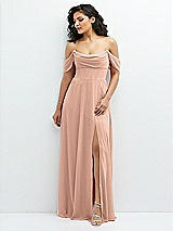 Front View Thumbnail - Pale Peach Chiffon Corset Maxi Dress with Removable Off-the-Shoulder Swags