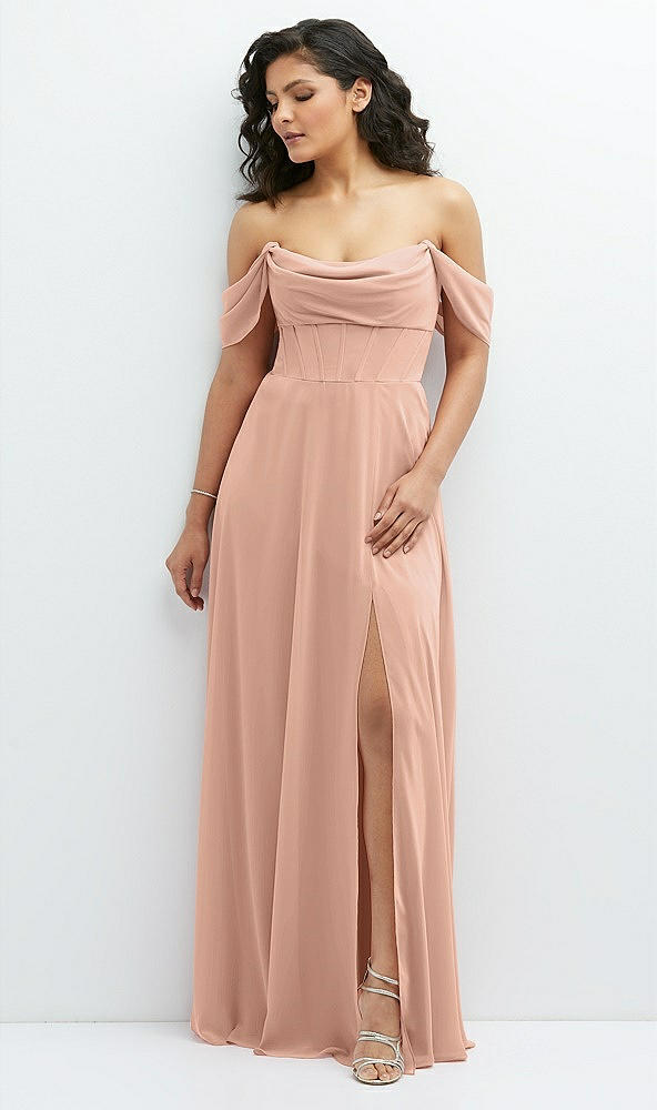 Front View - Pale Peach Chiffon Corset Maxi Dress with Removable Off-the-Shoulder Swags