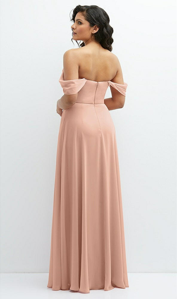 Back View - Pale Peach Chiffon Corset Maxi Dress with Removable Off-the-Shoulder Swags