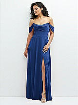 Front View Thumbnail - Classic Blue Chiffon Corset Maxi Dress with Removable Off-the-Shoulder Swags