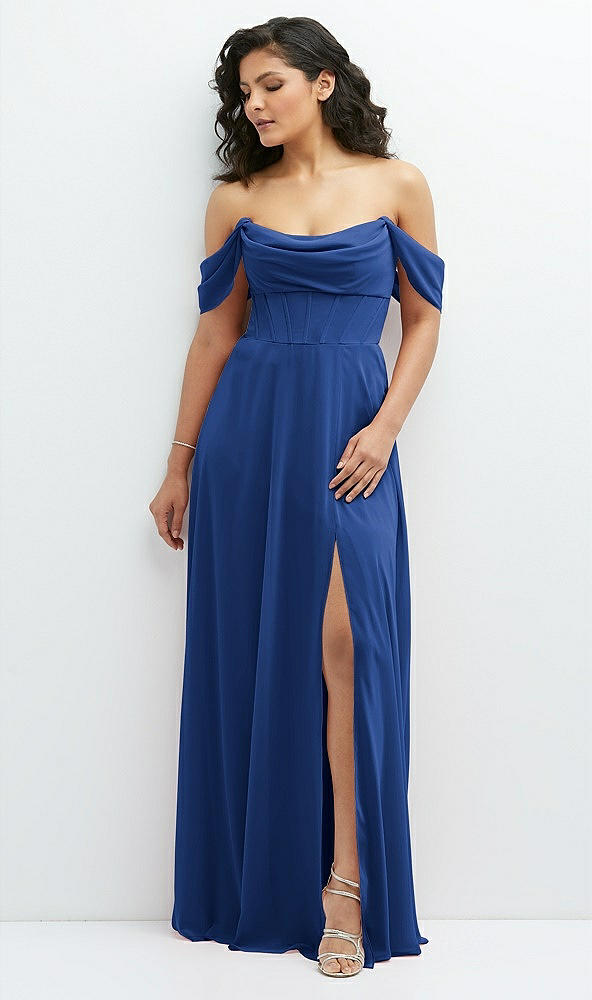 Front View - Classic Blue Chiffon Corset Maxi Dress with Removable Off-the-Shoulder Swags