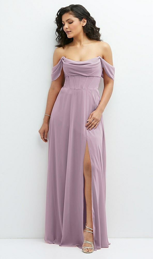 Front View - Suede Rose Chiffon Corset Maxi Dress with Removable Off-the-Shoulder Swags
