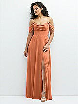 Front View Thumbnail - Sweet Melon Chiffon Corset Maxi Dress with Removable Off-the-Shoulder Swags