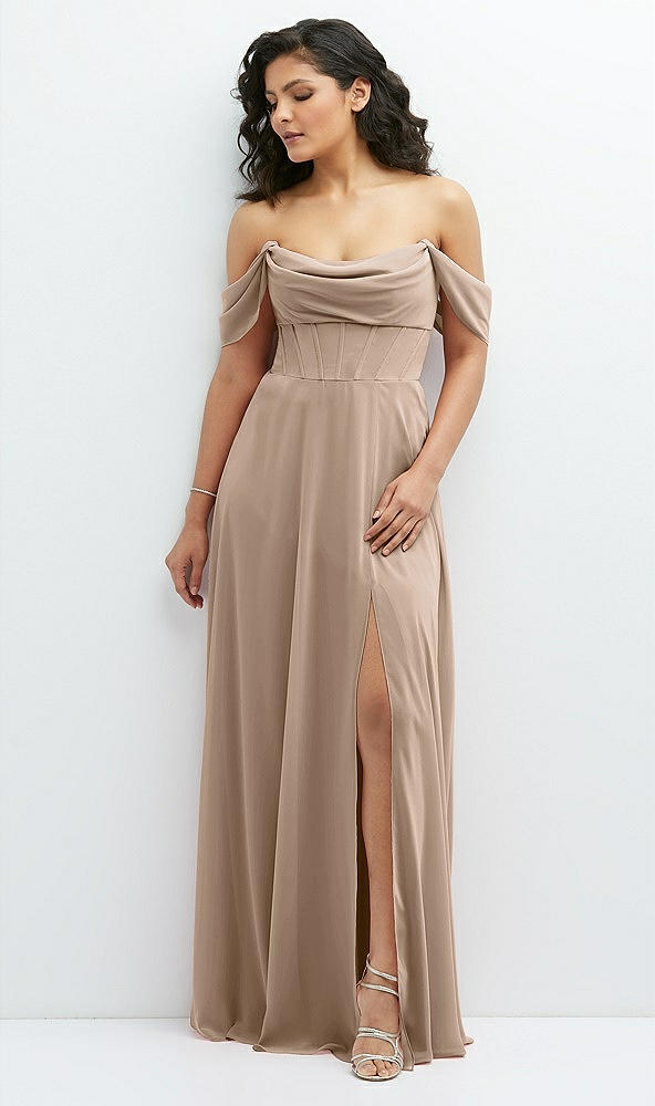 Front View - Topaz Chiffon Corset Maxi Dress with Removable Off-the-Shoulder Swags