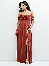 Front View Thumbnail - Amber Sunset Chiffon Corset Maxi Dress with Removable Off-the-Shoulder Swags