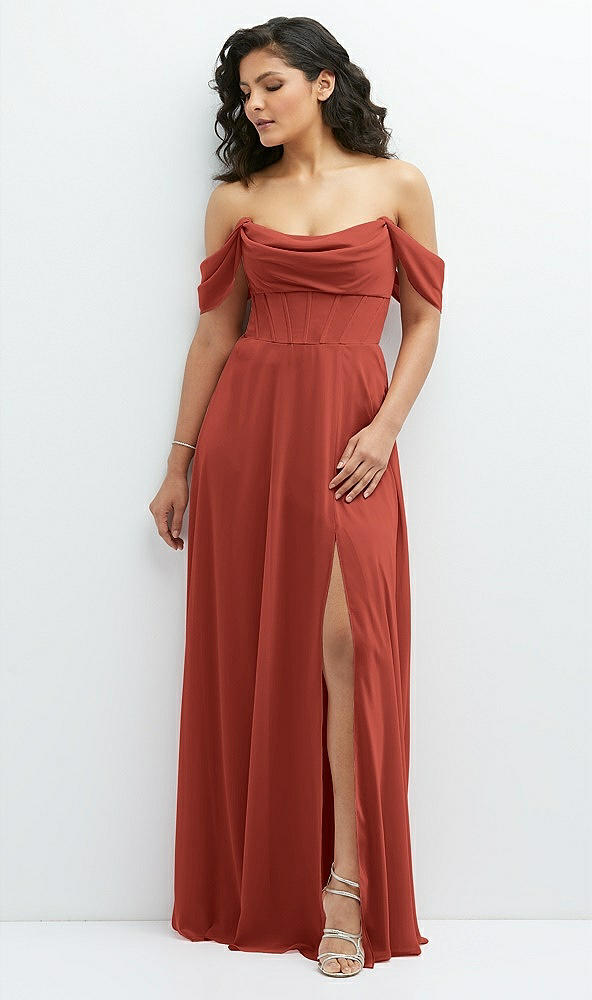 Front View - Amber Sunset Chiffon Corset Maxi Dress with Removable Off-the-Shoulder Swags